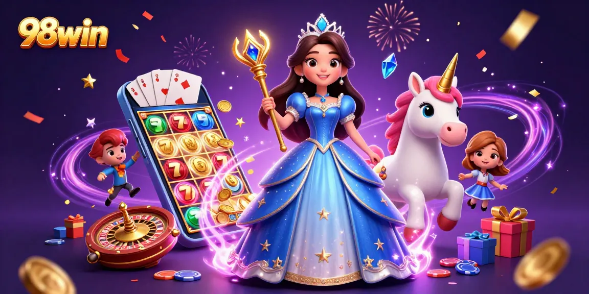 Play thrilling slots at 98win with golden coins and colorful games in a dynamic casino scene.