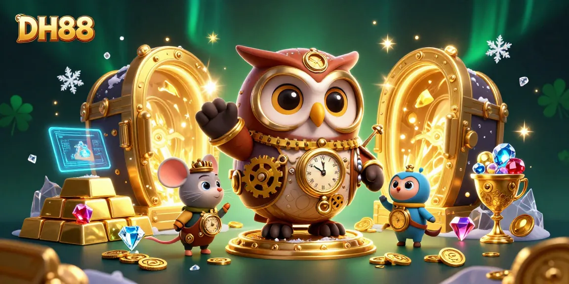 Experience winning thrills at DH88 with a whimsical scene of a time-traveling owl in a vibrant casino world.