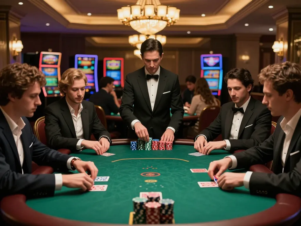 Engaging poker game scene featuring 33WIN players strategizing and placing bets around a luxurious table.
