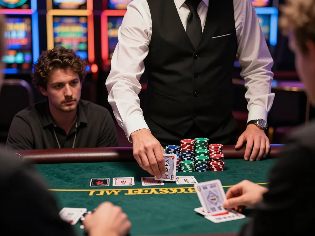Players strategizing at LV88 blackjack table, capturing intense gambling moments.