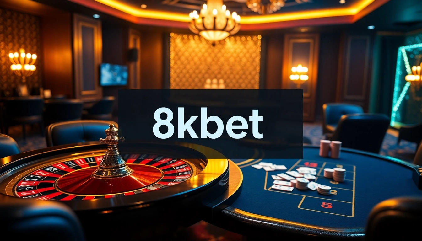 Experience the excitement of 8kbet with vibrant poker chips and a roulette wheel in a luxurious casino