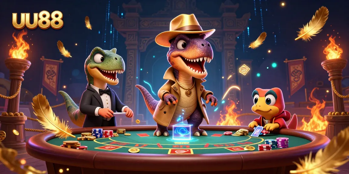 Experience exciting gameplay at uu88 with cartoon characters, vivid casino elements, and dynamic energy effects.
