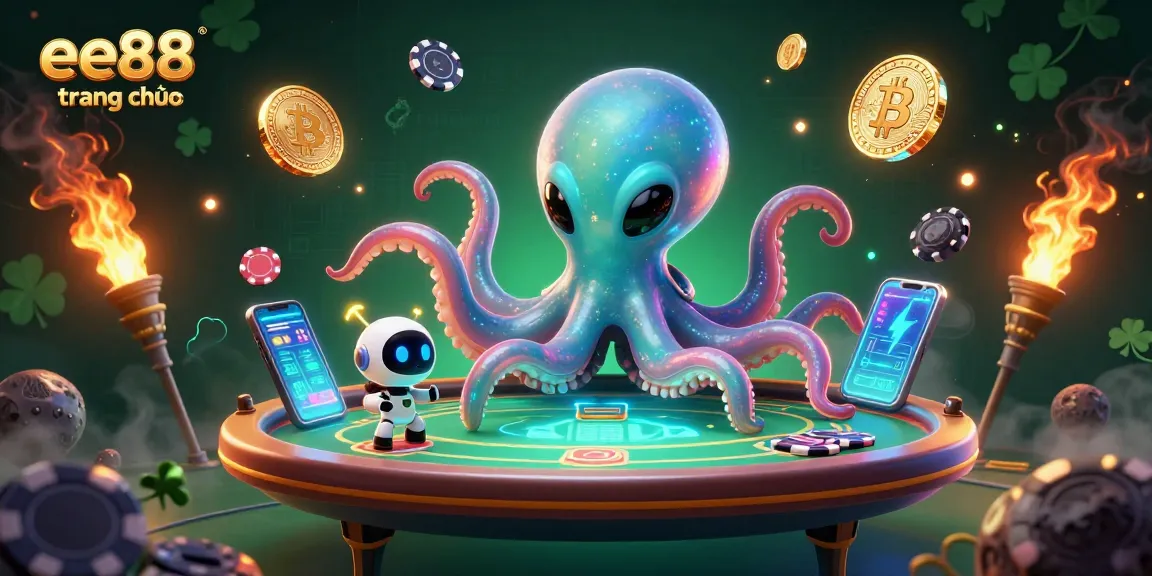 Engage with 3D gambling fun at ee88 trang chủ with an octopus poker scene featuring vibrant crypto elements.