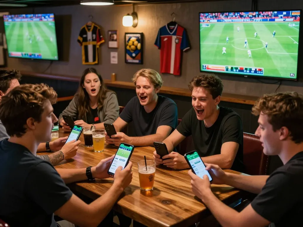 Friends engaging in sports betting while watching ผลบอลวันนี้ at a lively sports bar