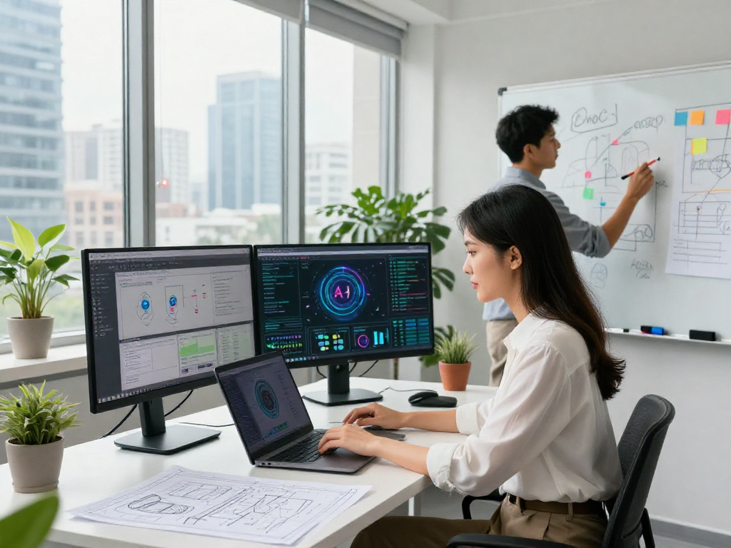 AI development team collaborating on projects with technology tools in a vibrant workspace focused on ia +18 innovations.