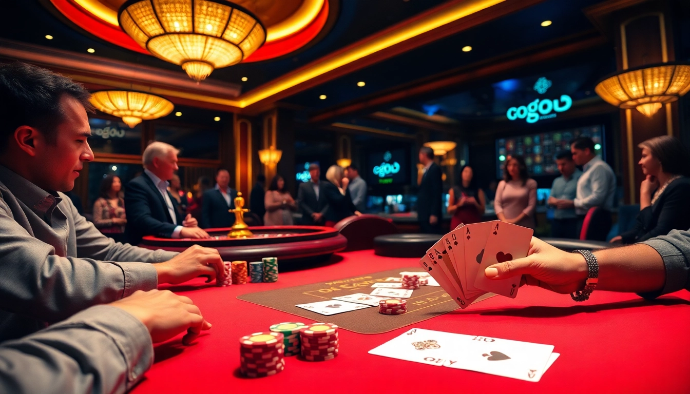 Excited players engaging at a go8 poker table with vibrant chips and illuminated cards.