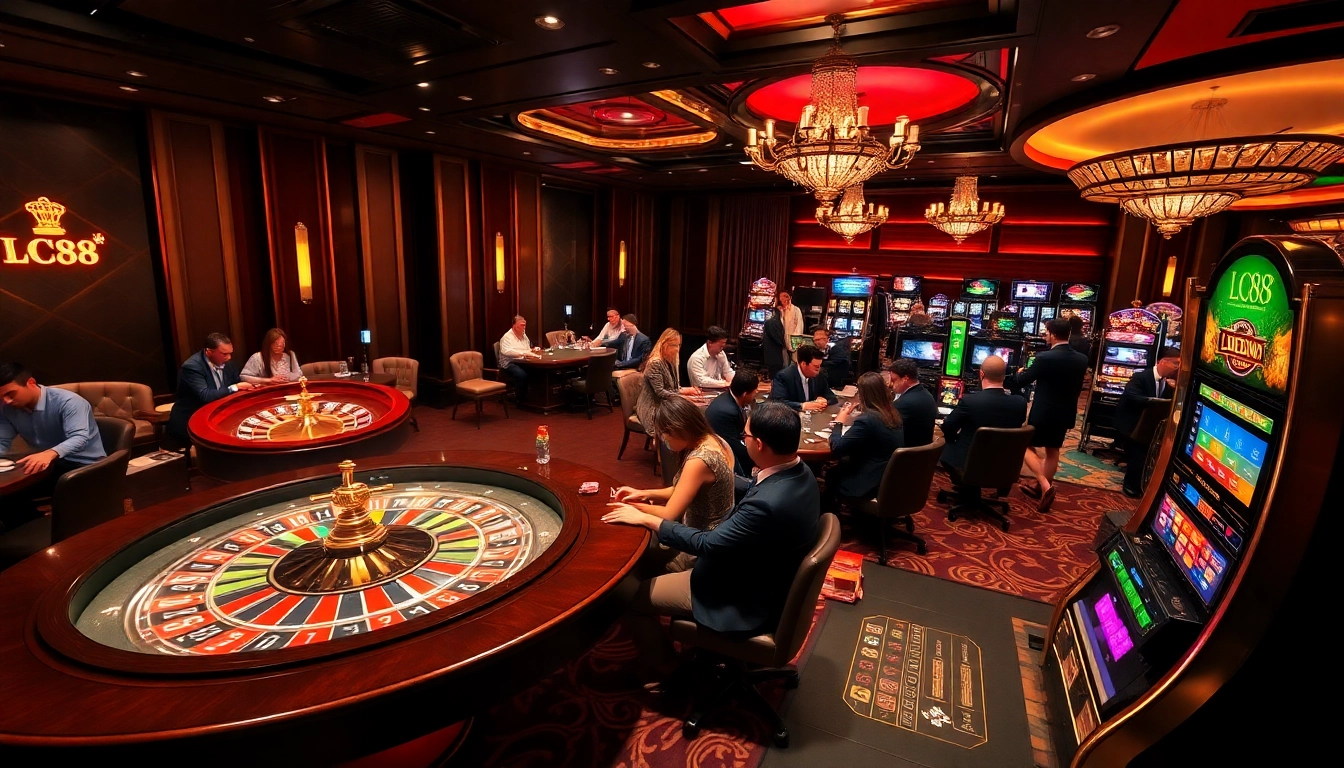 Exciting gambling at LC88 with players engaging at a poker table and vibrant roulette wheel.