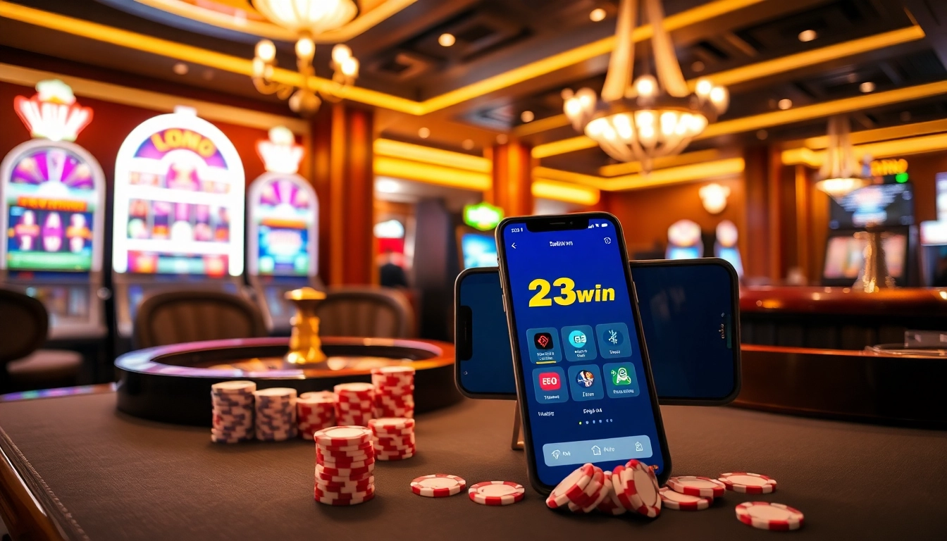 Experience vibrant online gambling with the 23win app showcasing slot machines and poker chips.