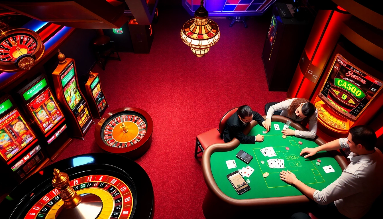 Players enjoying an exciting game at the 6FF casino featuring vibrant roulette and poker tables.