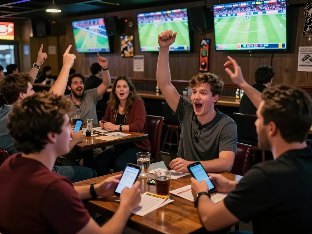 Engaging sports betting moment at bar with friends enjoying interactive betting on https://www.bearcreekwatershed.org/macroinvertebrates and cheering for their teams.