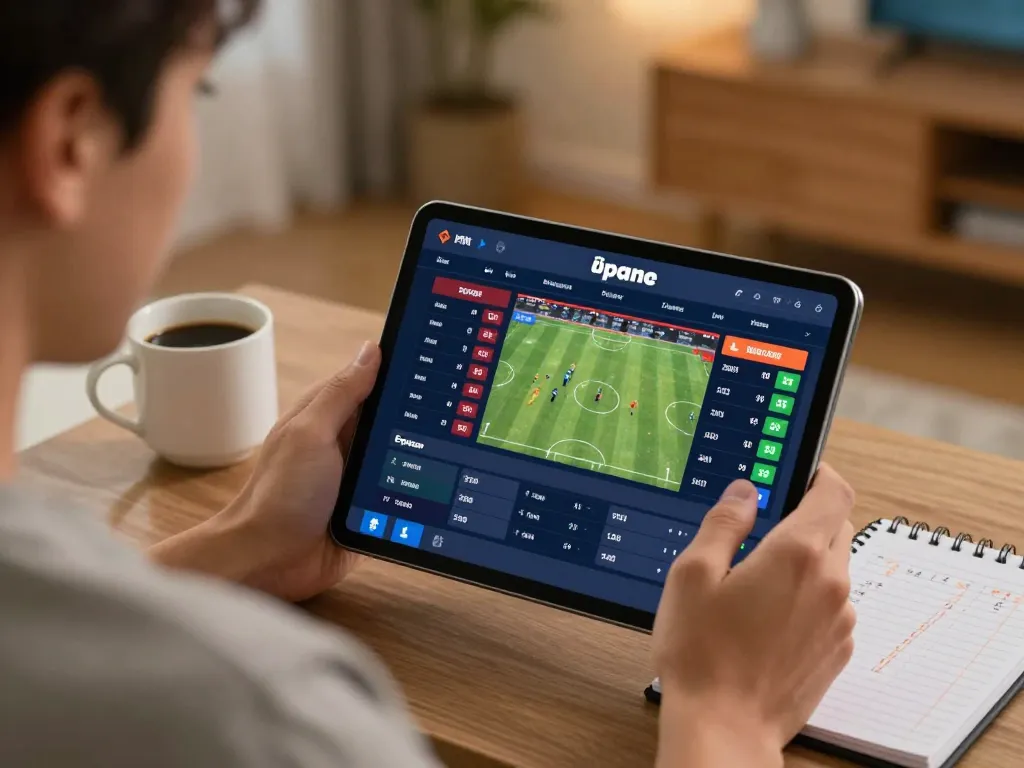 Engaged gambler using dagago app on a tablet for live sports betting at home