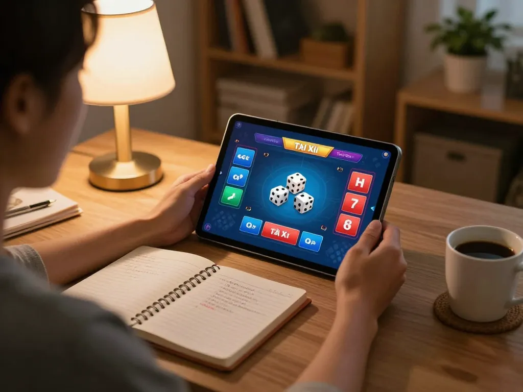 Engaging scene of a player using an app tài xỉu online uy tín on a tablet, showcasing vibrant gaming action.