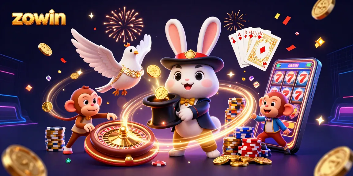 Engage with zowin's exciting casino experience featuring a 3D rabbit magician pulling coins.