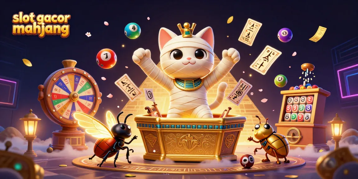 Experience slot gacor mahjong action with an Egyptian mummy cat and vibrant casino elements.