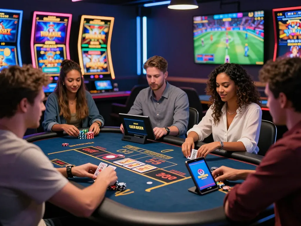 Engaging online gaming experience with enthusiastic players at QE8.BEER virtual casino table, highlighting excitement and modern technology.