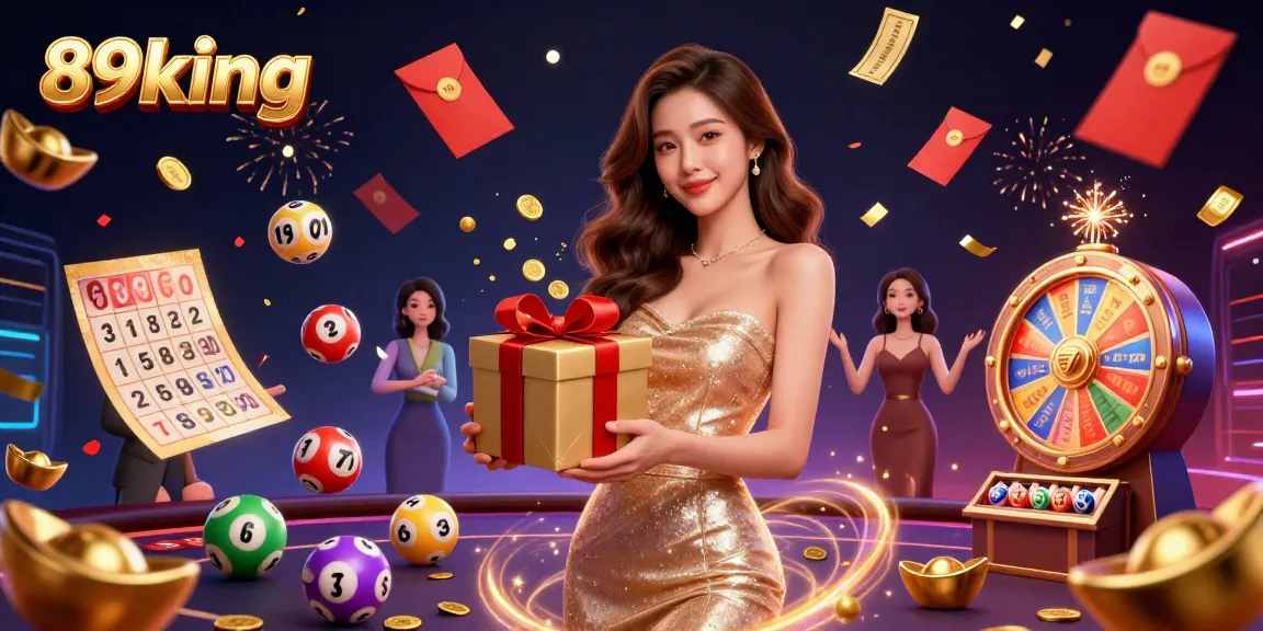 Celebrate with 89king in a dynamic casino scene featuring vibrant colors, golden coins, and festive elements.