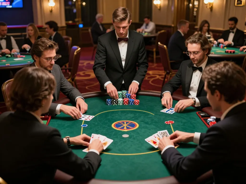 Players strategizing in an MB66 poker game, showcasing luxury and competitive spirit.