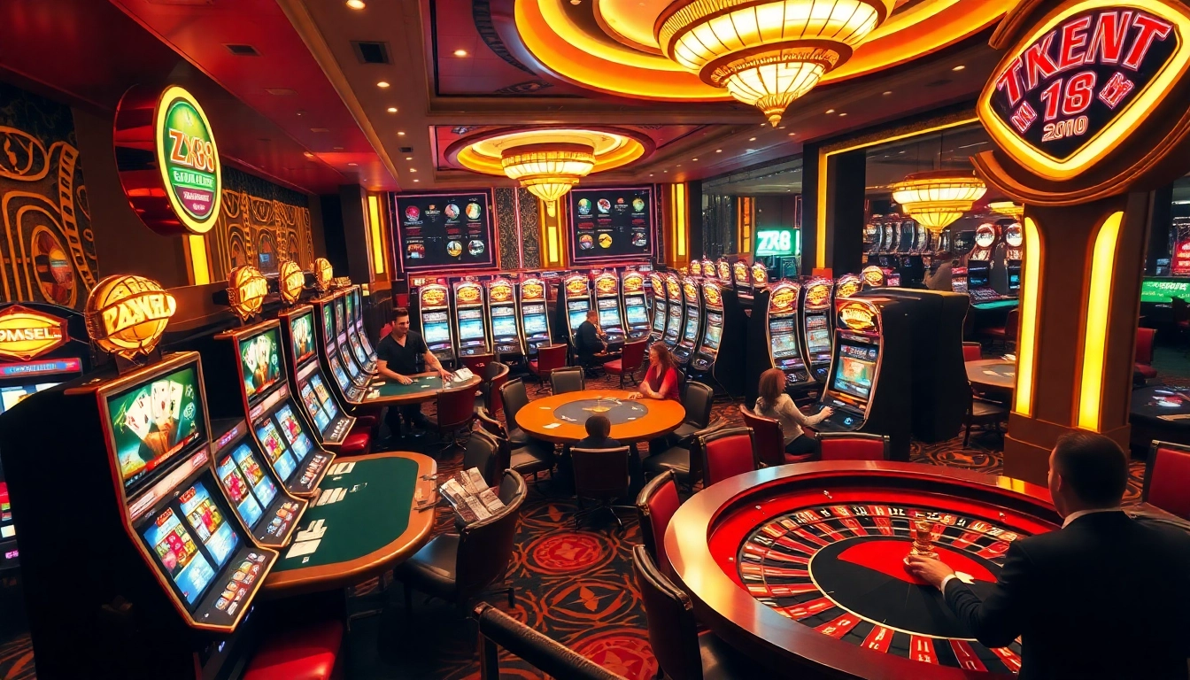 Engaged players enjoying ZX88 slot machines in a vibrant luxury casino atmosphere.