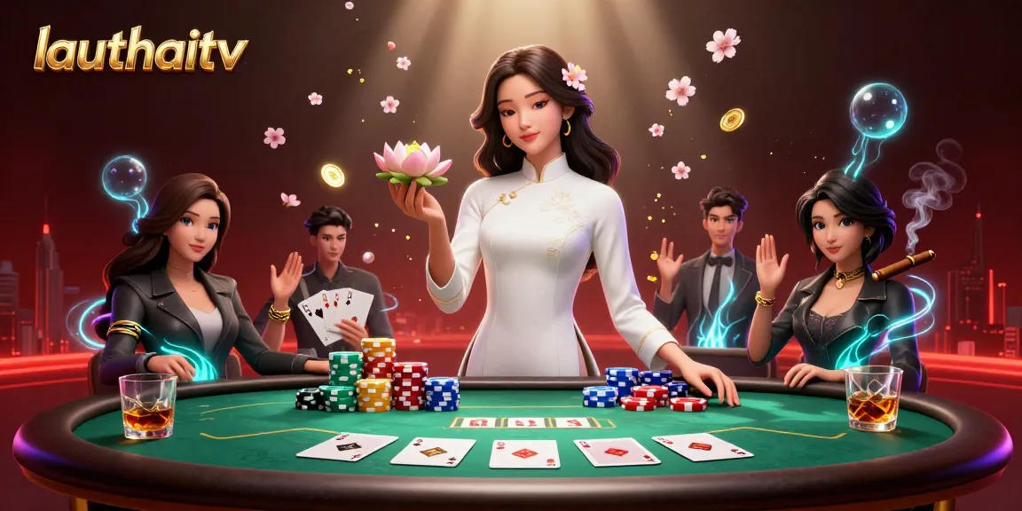 Engage with lauthaitv for thrilling poker action featuring an elegant Asian woman with vivid cherry blossoms.