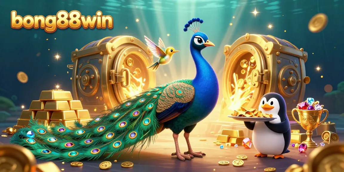 Bong88win showcases a colorful casino scene with vibrant characters delivering golden chips amidst treasures.
