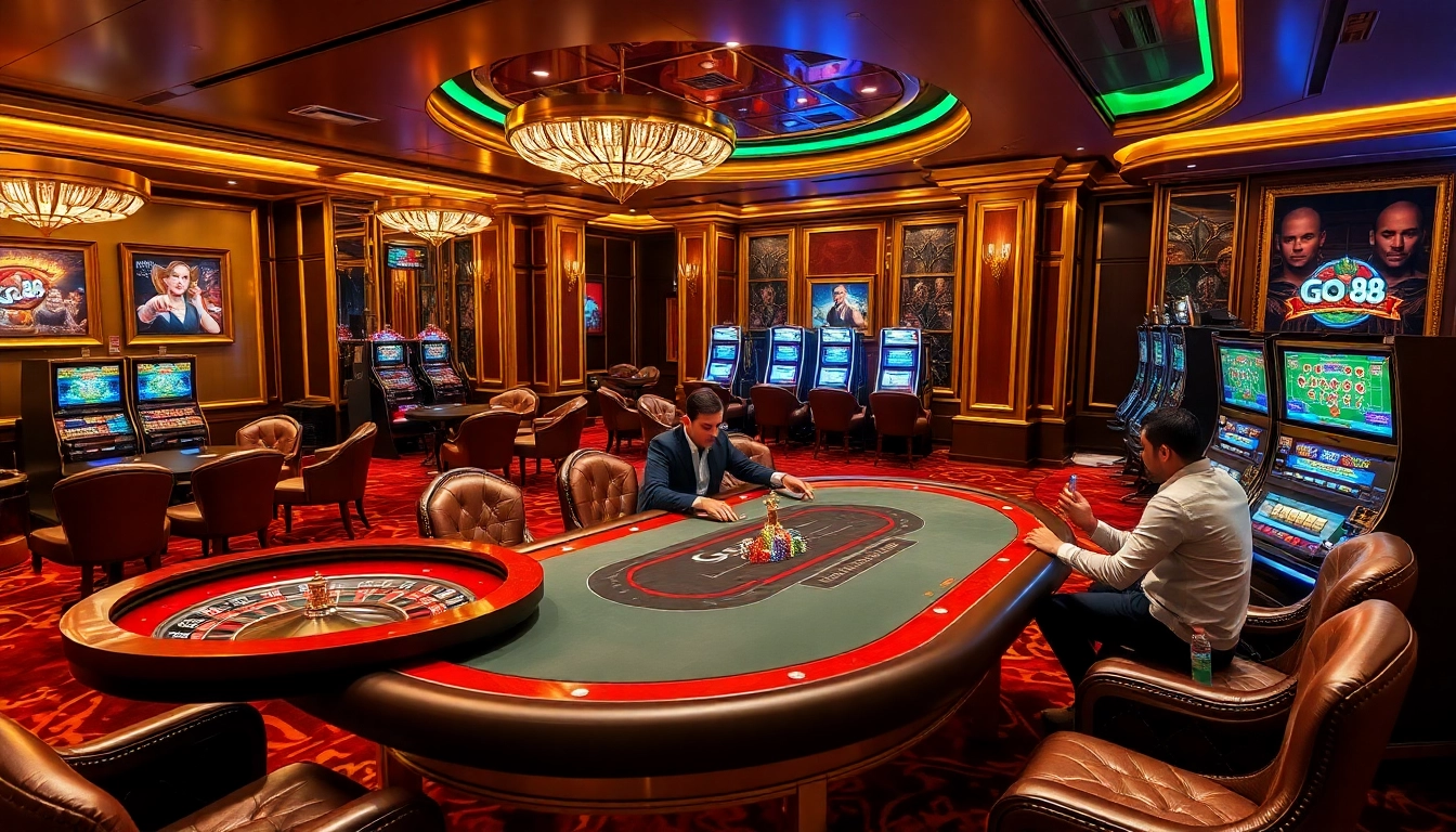 Go 88 gaming area with an elegant poker table and vibrant slot machines, capturing the excitement of gambling.