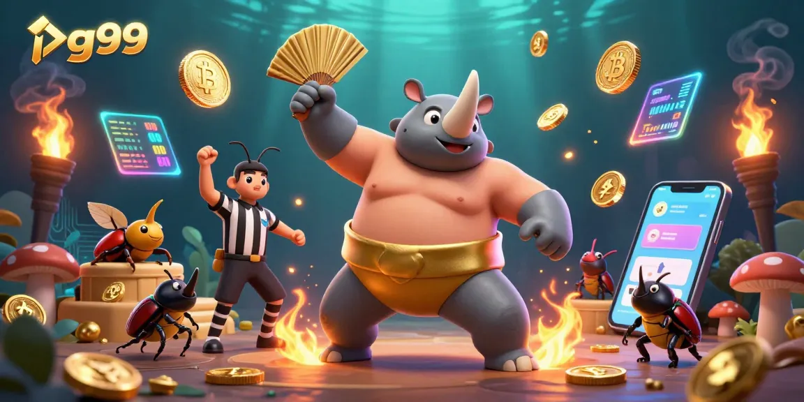 Experience thrilling gameplay at pg99 with a dynamic scene featuring a sumo champion and crypto elements.