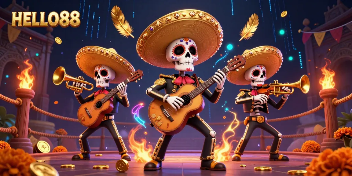 Experience thrilling action at HELLO88 with a dynamic mariachi band illustration highlighting vibrant casino elements.