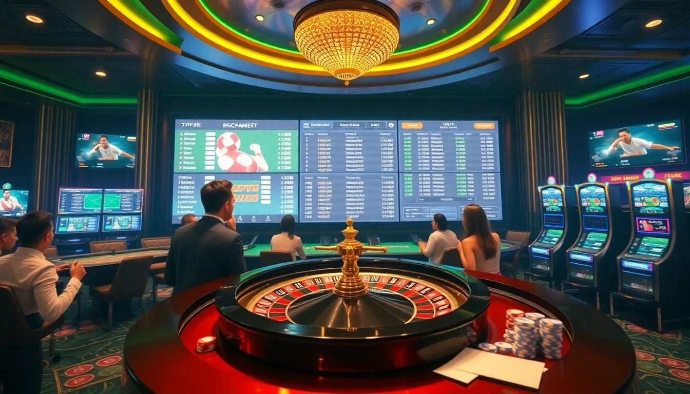 Tỷ lệ kèo nhà cái 5 displayed prominently in a vibrant casino scene filled with engaged bettors and sports screens.