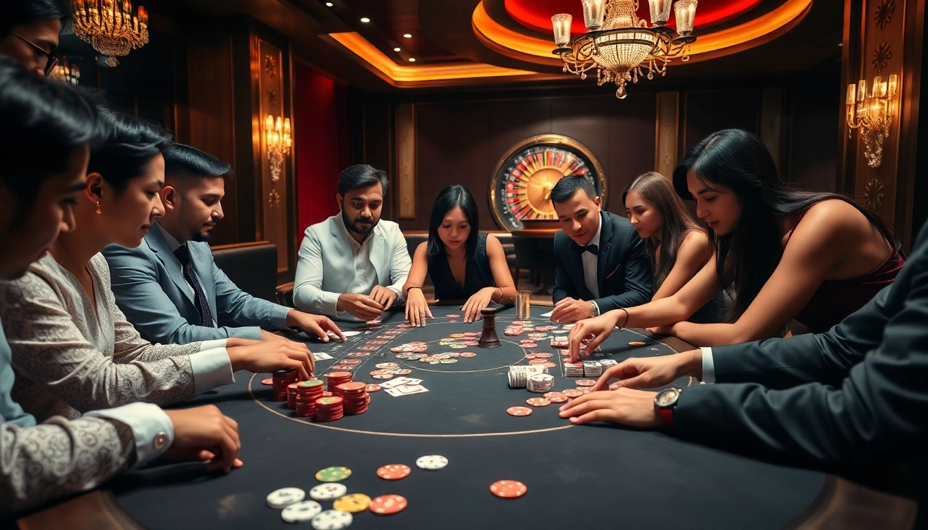 Engaged players at a luxurious poker table, illustrating the excitement of trang chủ 88vv with high-stakes gambling.