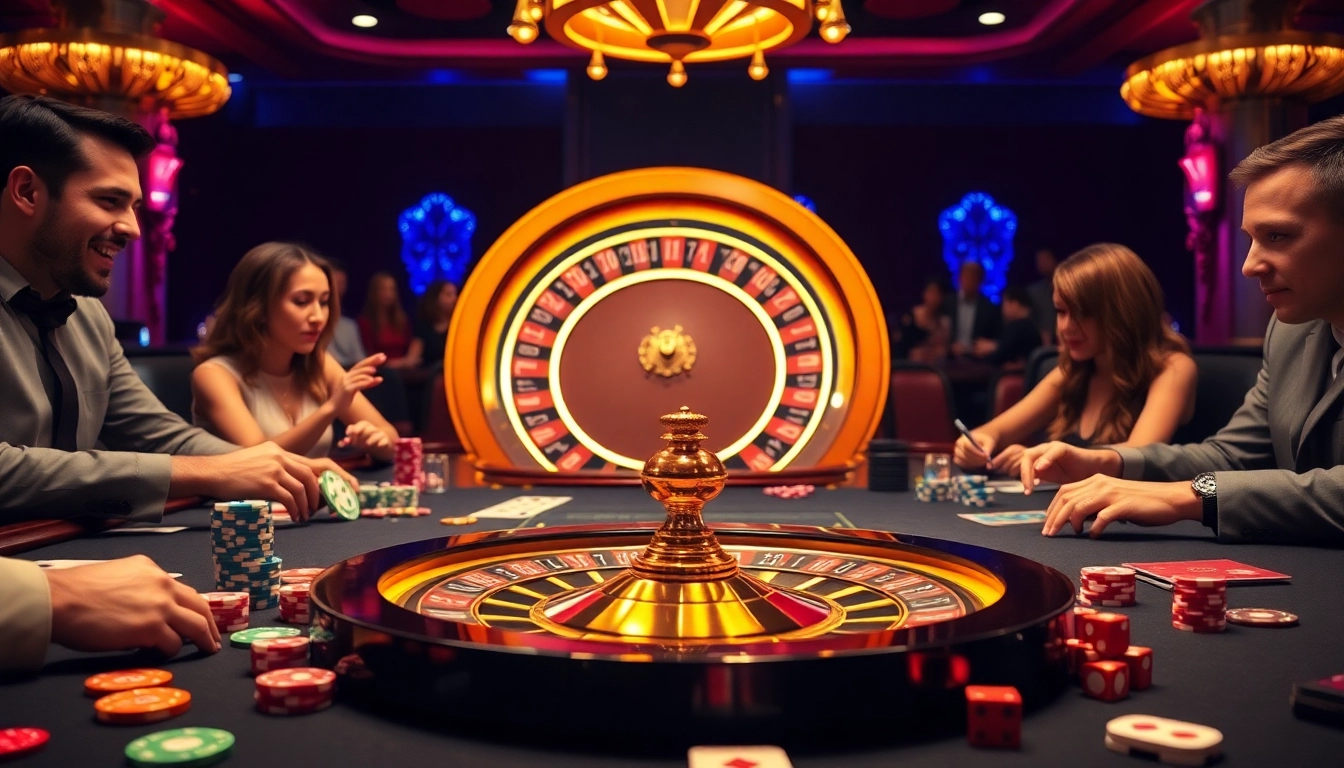 Players enjoying an exciting game at MB66 casino table surrounded by colorful chips and cards.