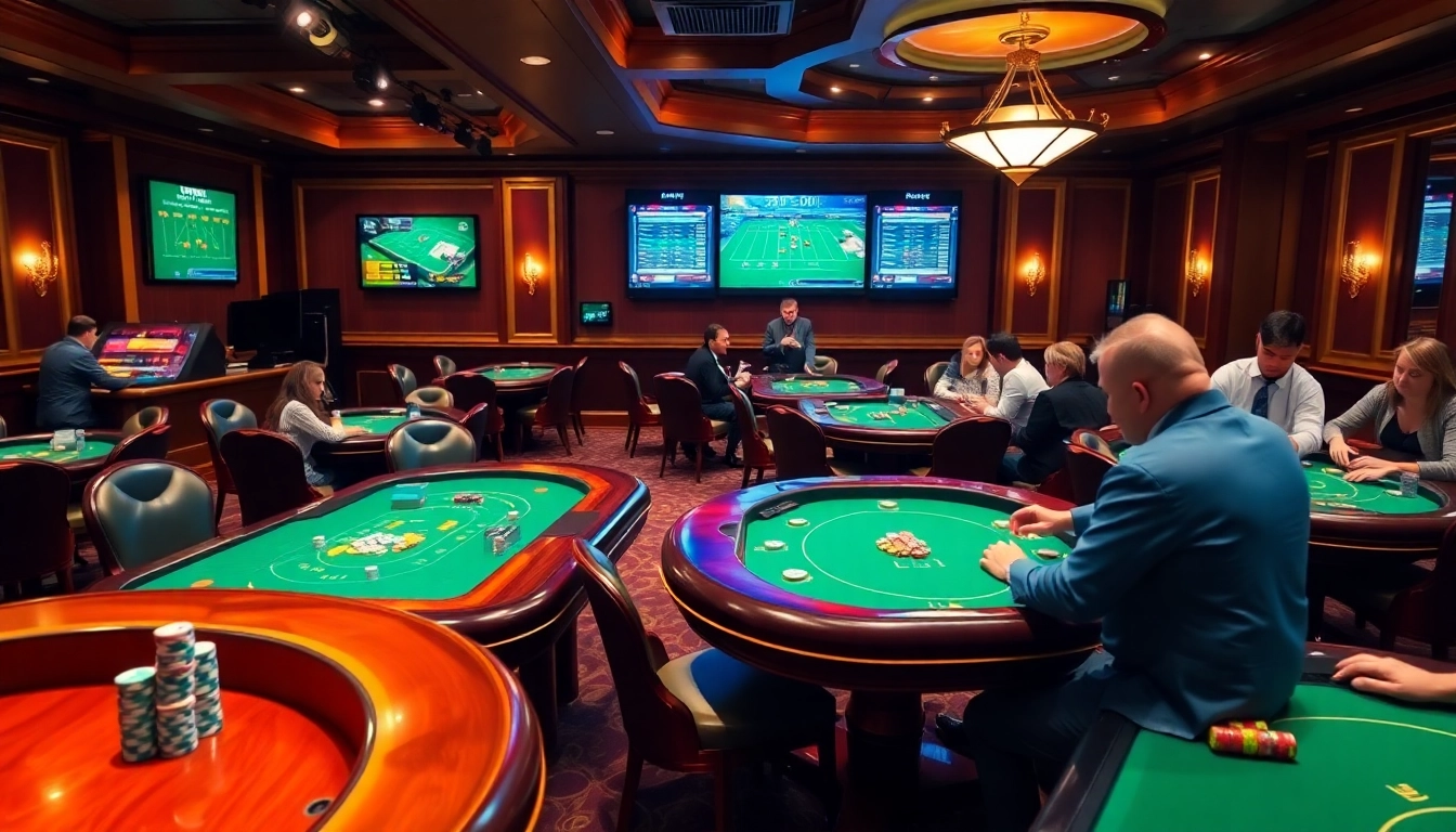 A thrilling online gambling experience at https://399bet.icu/, featuring casino tables, poker chips, and players immersed in action.