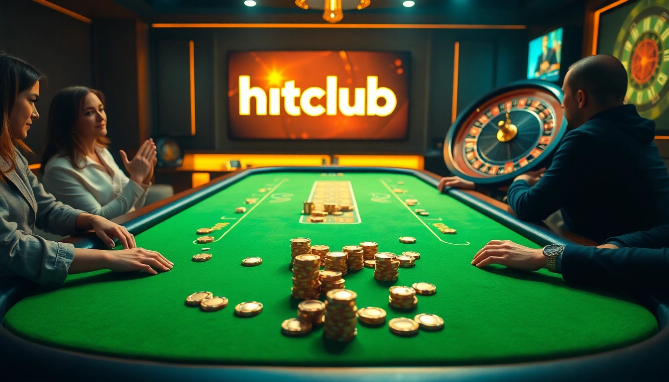 Players enjoying a thrilling poker game at Hitclub, surrounded by vibrant colors and luxury elements.