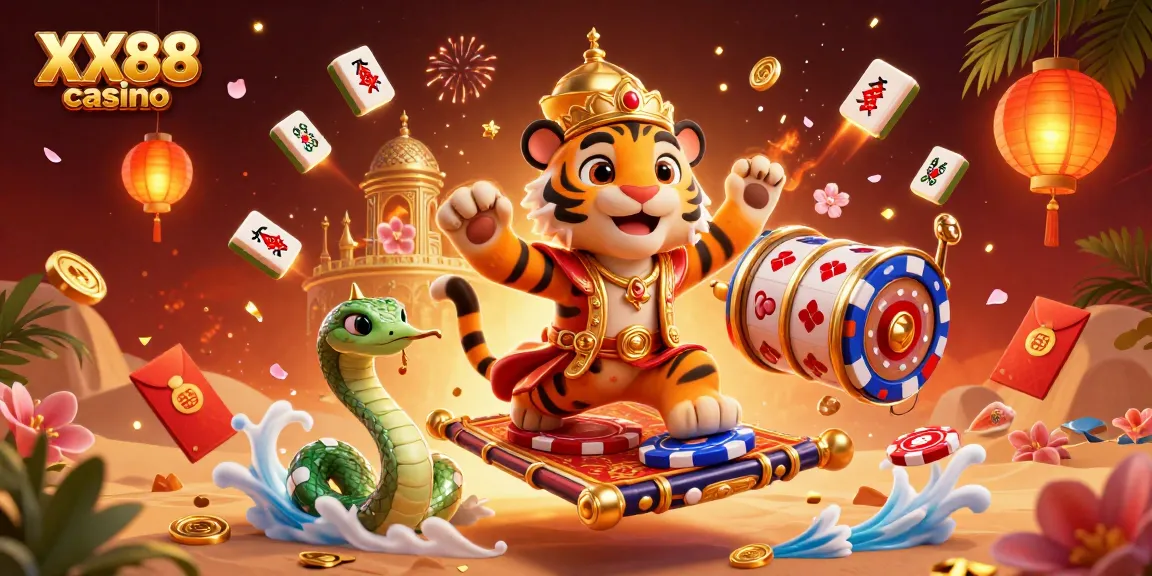 Join the excitement of XX88 casino with an Arabian Nights-themed scene packed with vibrant digital elements.