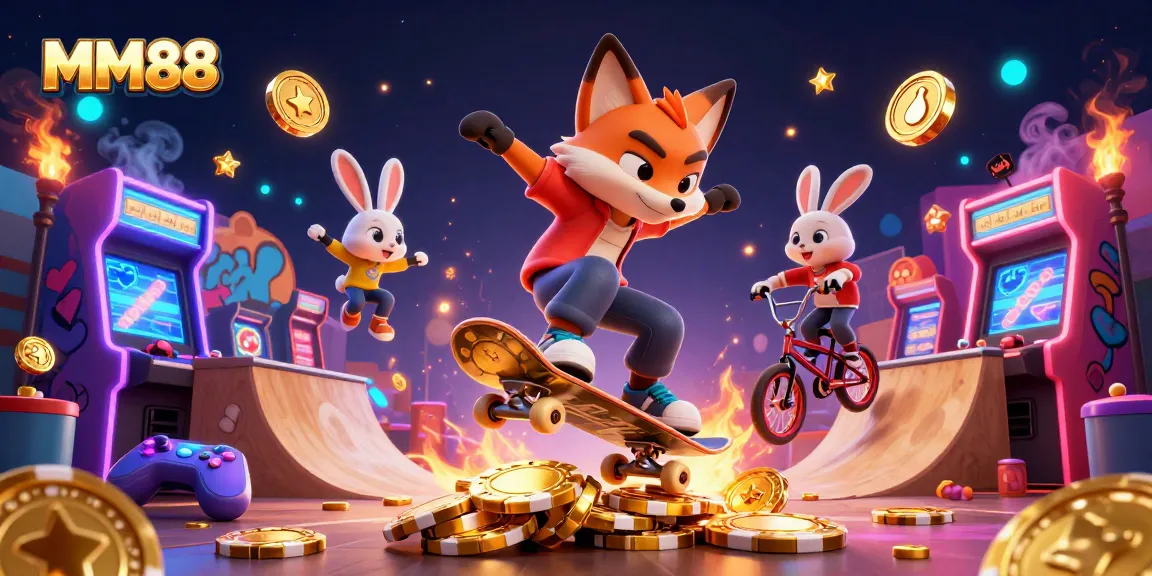 Experience thrilling moments with MM88 as a skateboarder fox and BMX rabbit showcase their skills in a vibrant casino scene.