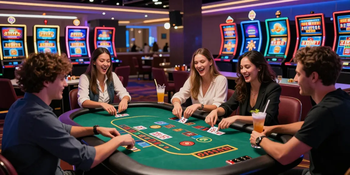 Exciting gameplay at credit card casinos with friends enjoying blackjack and vibrant casino graphics.