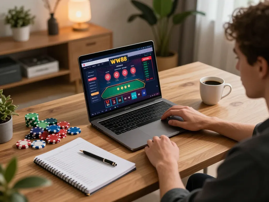 Engaging in online gaming at WW88 casino, showcasing a cozy home office atmosphere with focused strategy.