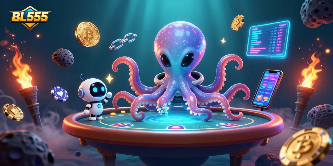 Engage in thrilling gameplay at BL555 with an alien octopus at a holographic poker table and cryptocurrency elements.