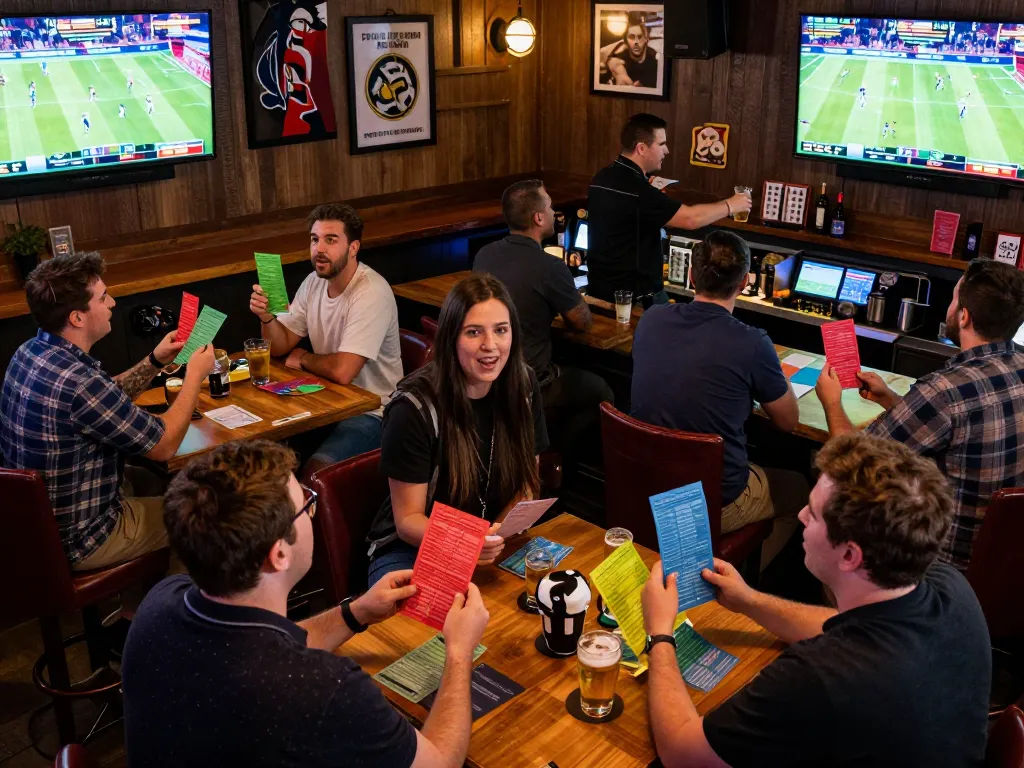Betting on sports action at a lively bar during a vin777 event, showcasing excitement and social engagement.