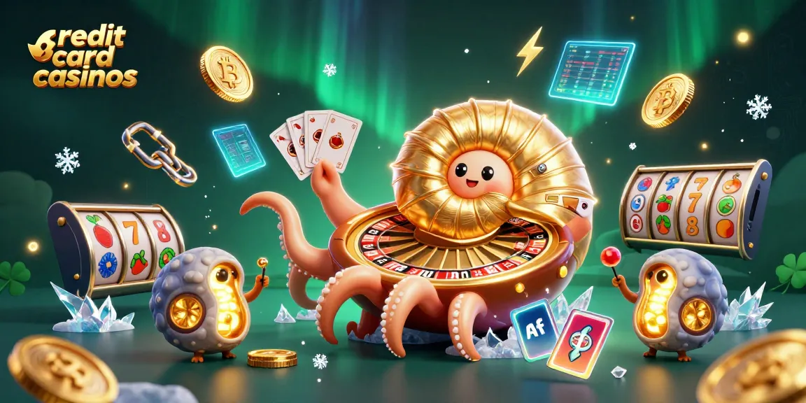 Engage in thrilling gameplay at credit card casinos with a vibrant 3D illustration of games and crypto elements.