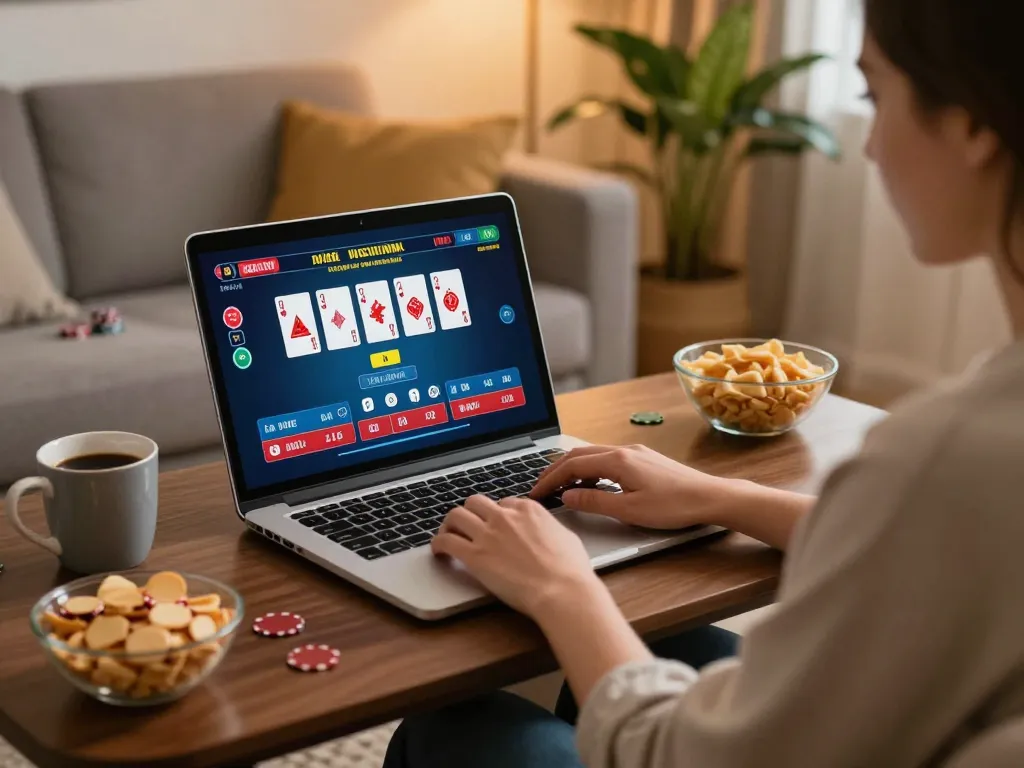 Engaging home gaming scene with a player enjoying vu88 online blackjack on a laptop.