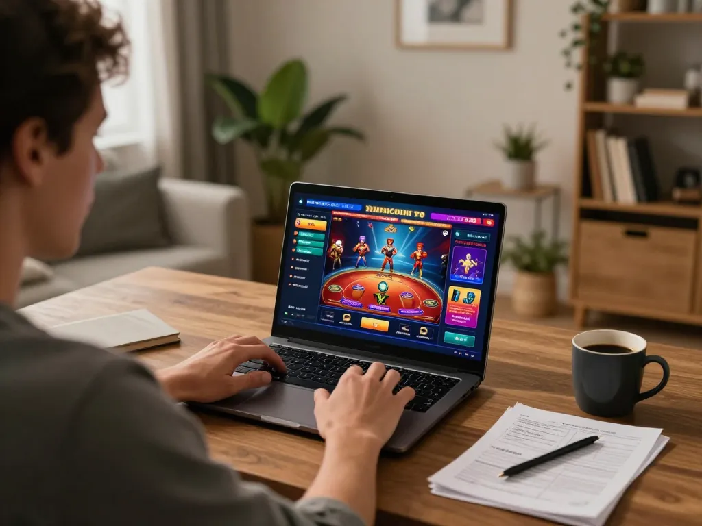 Engage in exciting online gaming at luck8l with a player focused on their laptop, surrounded by a cozy home setup.