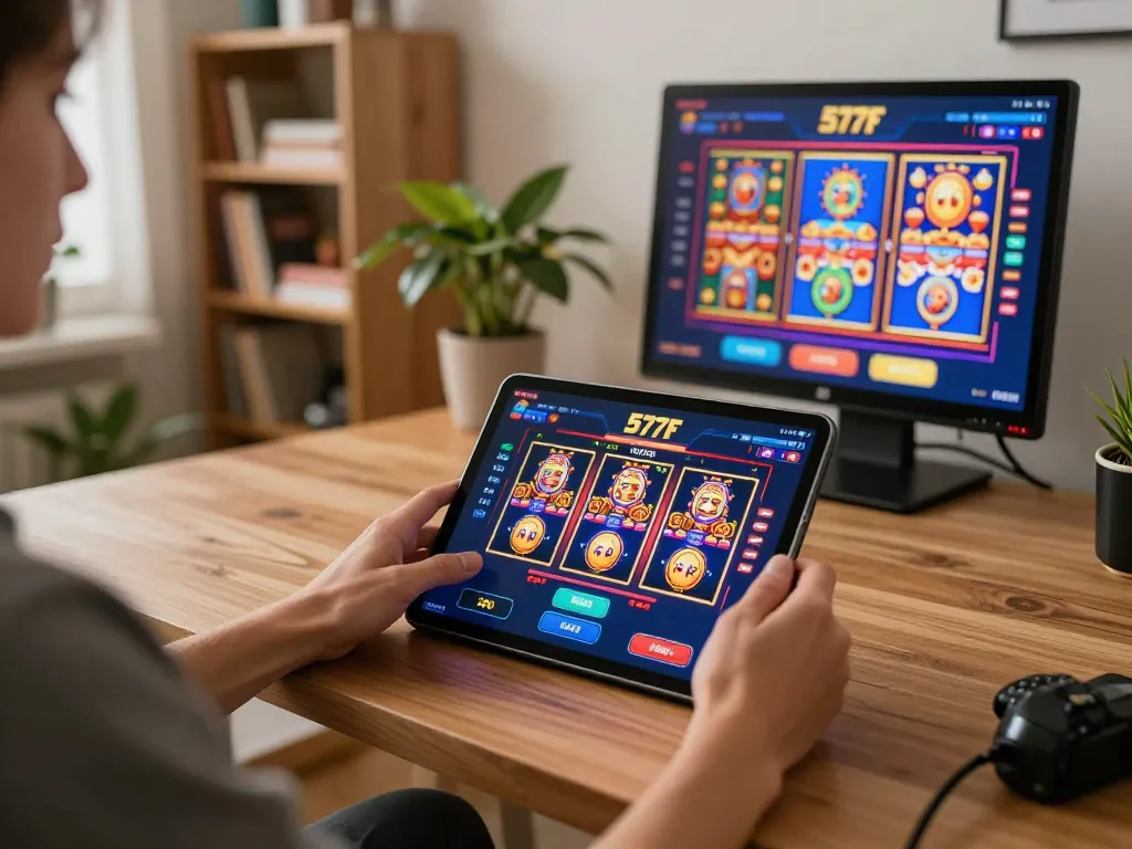 Player enjoying the 577F casino app on a tablet, engaged in online gaming strategy.