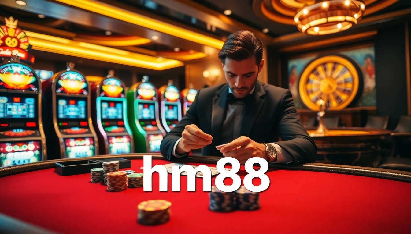 Engaging gambler strategizing at the hm88 poker table in a luxurious casino setting.