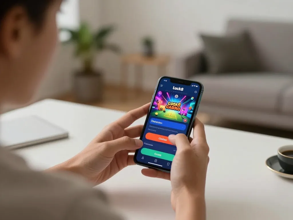 Engaging in luck8 mobile casino app gameplay on a smartphone in a cozy home setting.