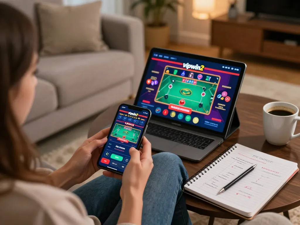Enjoying vipwin2 app on smartphone during a cozy online gambling session at home, with a notebook featuring betting strategies.