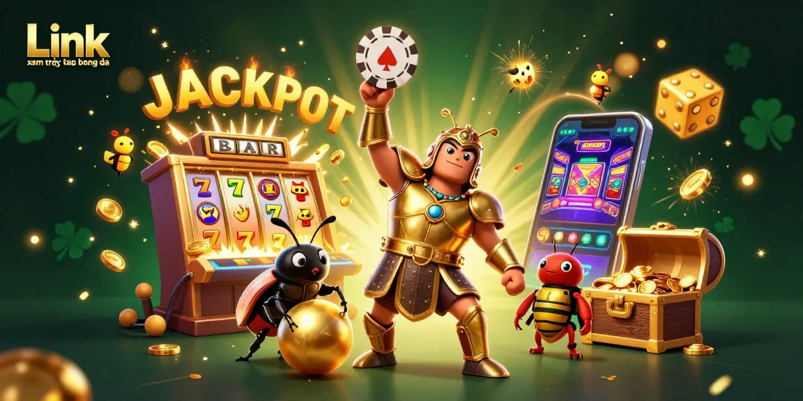 Engage with Link xem trực tiếp bóng đá in this vibrant, detailed 3D scene of a heroic beetle celebrating with vibrant casino elements.