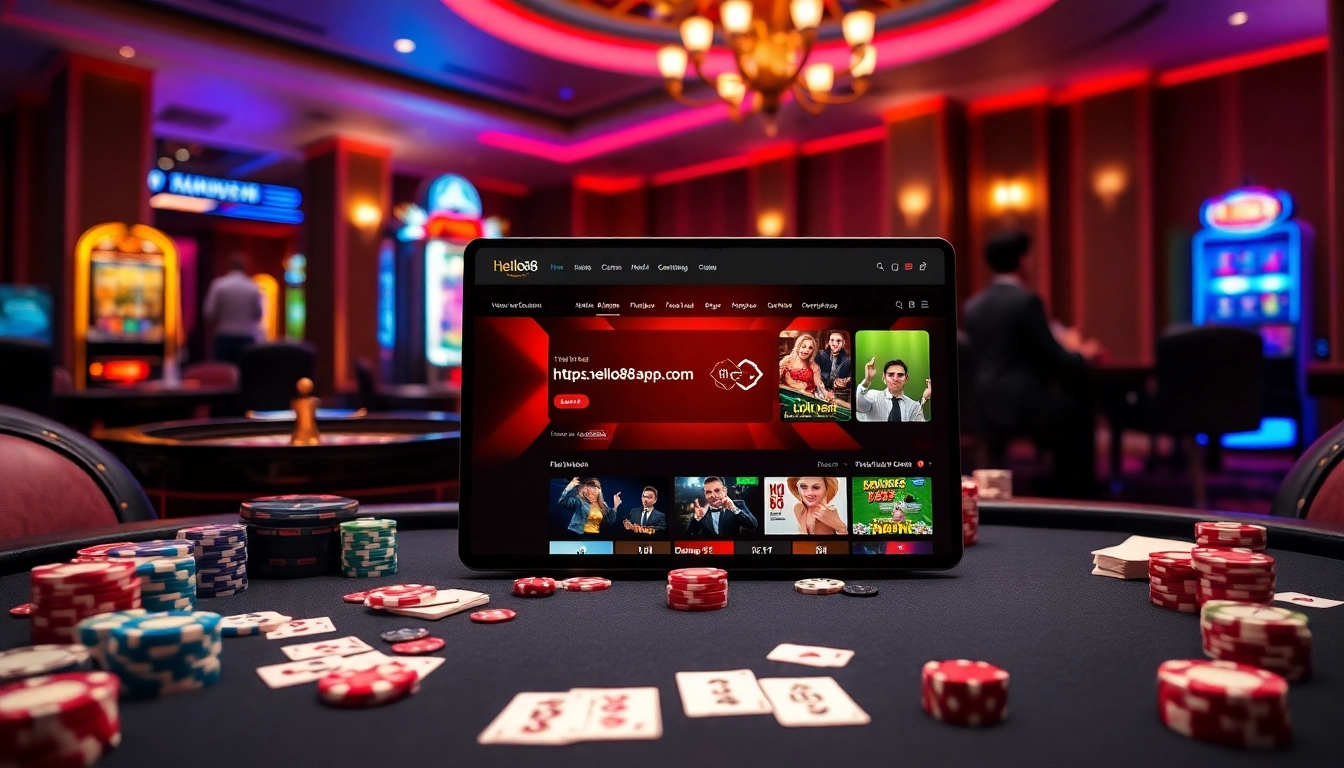 Experience the excitement of gambling at https://hello88app.com/ with a vibrant casino scene showcasing games.