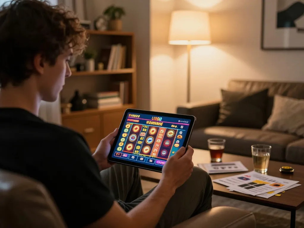 Person playing U888 online slots on a tablet in a cozy living room setting