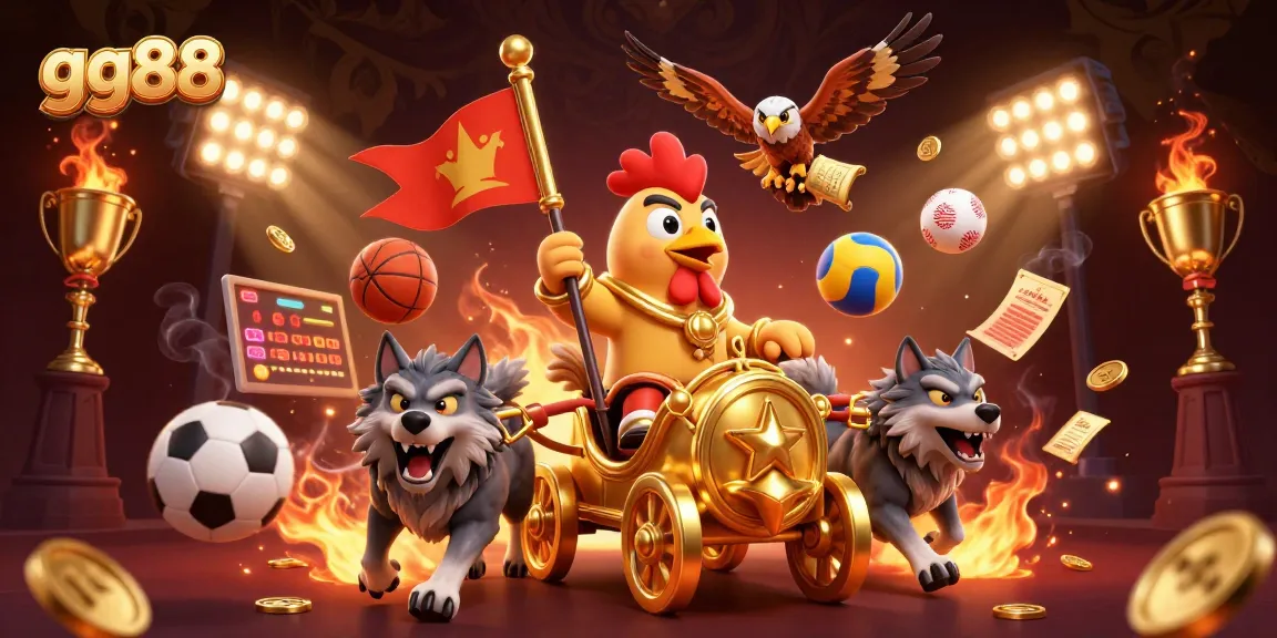 Unleash your luck at gg88 with a dynamic 3D illustration of a rooster warlord and sports elements.