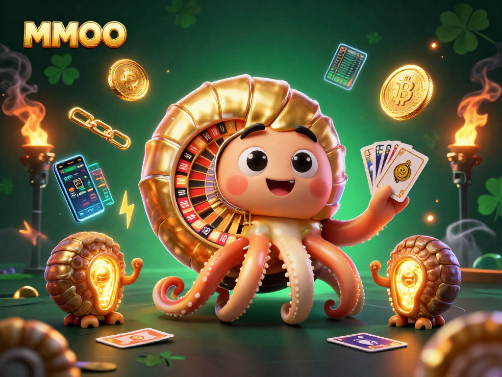 Experience MMOO’s vibrant casino gaming with 3D ancient nautilus and crypto-themed visuals.